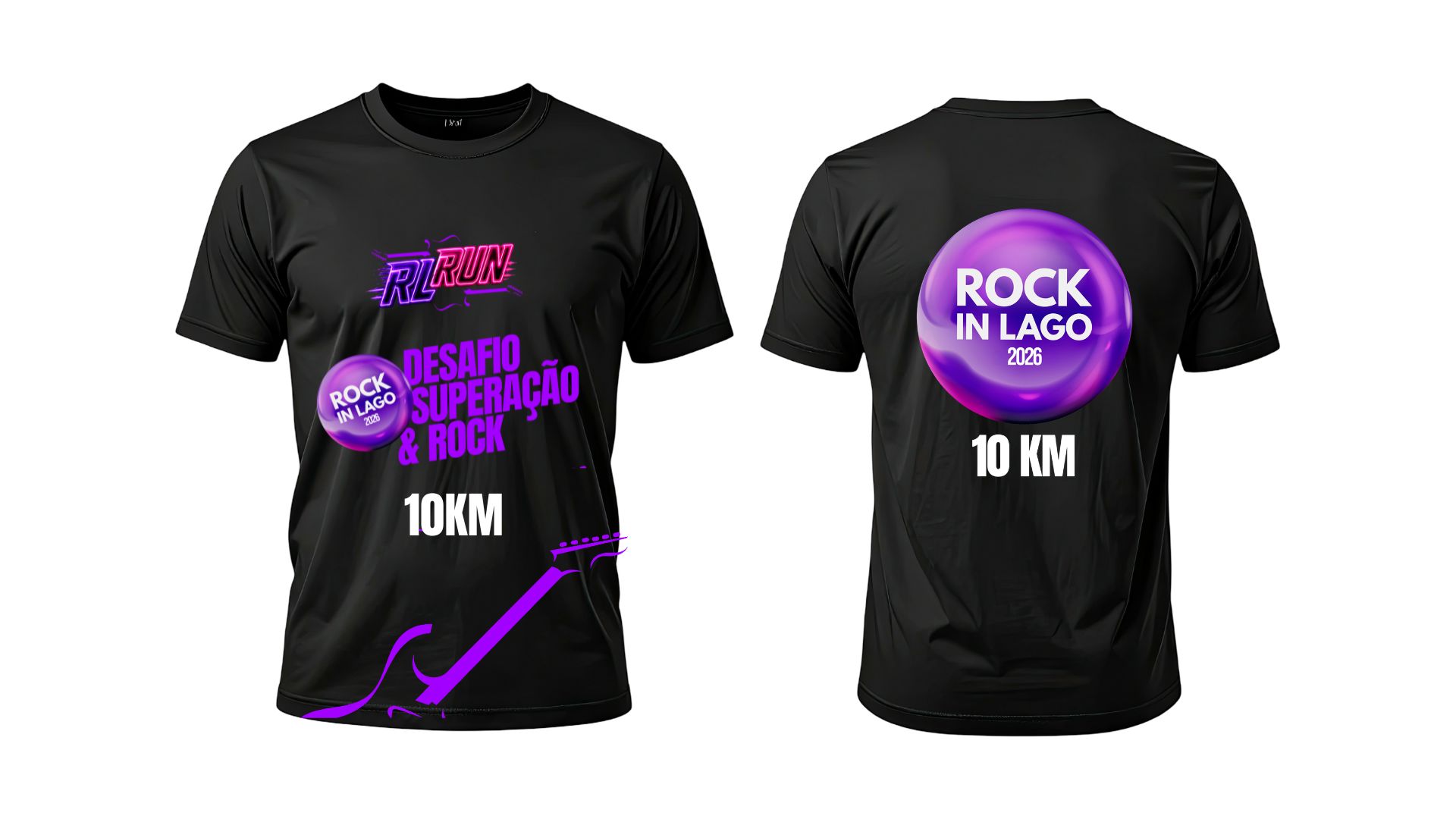 Camiseta oficial Rock In Lago Run 2026 — modelo 10 km (preta), frente e costas